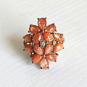 Vintage Boho Chunky Sterling Silver Orange Sunstone Flower Fall Cocktail Ring